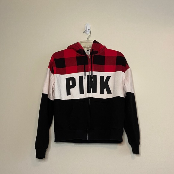 PINK VS Full Zip Red Checkered Sherpa Hoodie